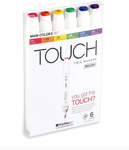 MARCADORES TOUCH TWIN BRUSH 6 COLORES SET TONOS PRIMARIOS